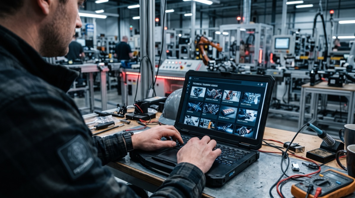 An engineer browsing a grid of technical training videos on a laptop on an automotive factory floor