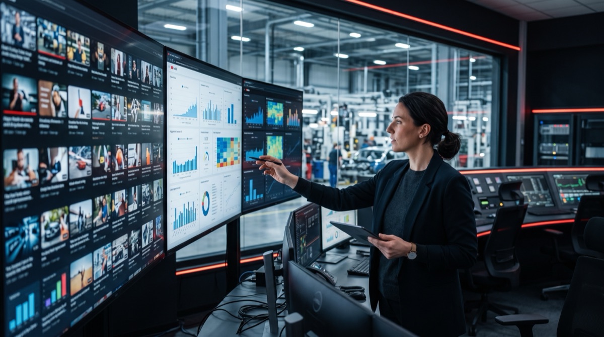 A data analyst studying a wall of video thumbnails and channel analytics on multiple large screens