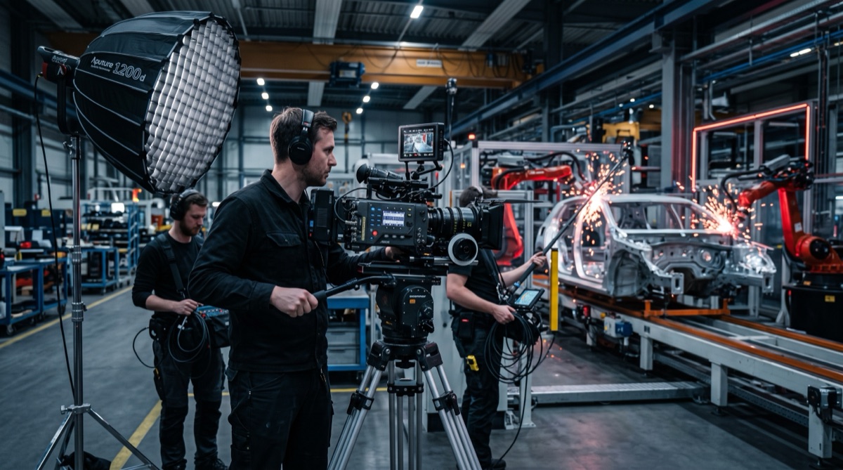 A professional film crew with a cinema camera filming a robotic automotive welding line