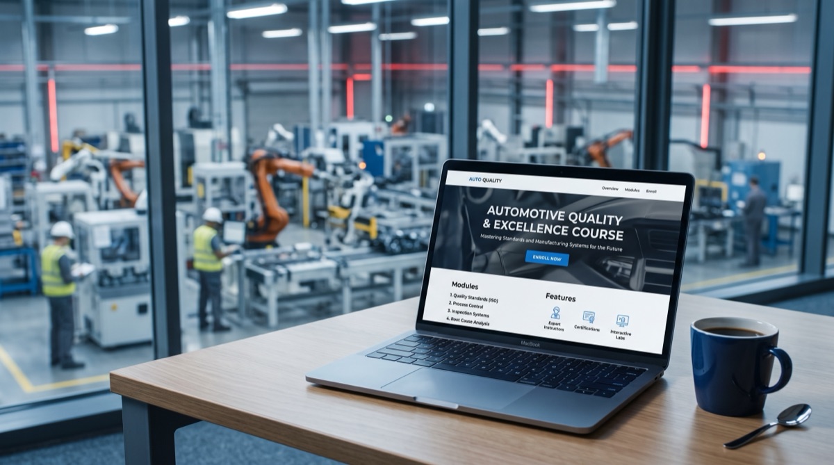 A laptop showing an automotive quality training course landing page on a desk with a modern factory visible behind