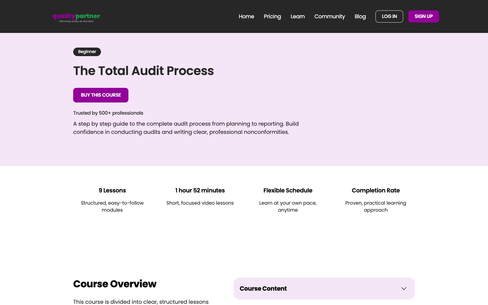 The Total Audit Process course page on Quality Partner Training: 9 lessons, 1 hour 52 minutes of video