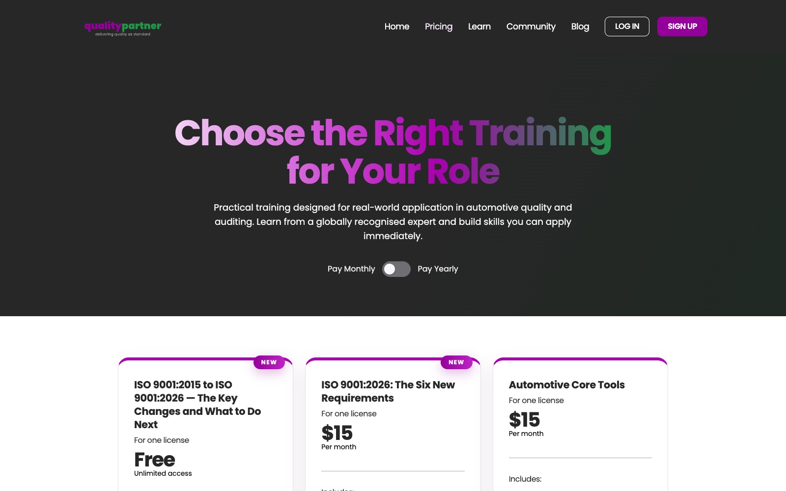 The Quality Partner Training pricing page, with a free ISO 9001:2026 course alongside paid courses