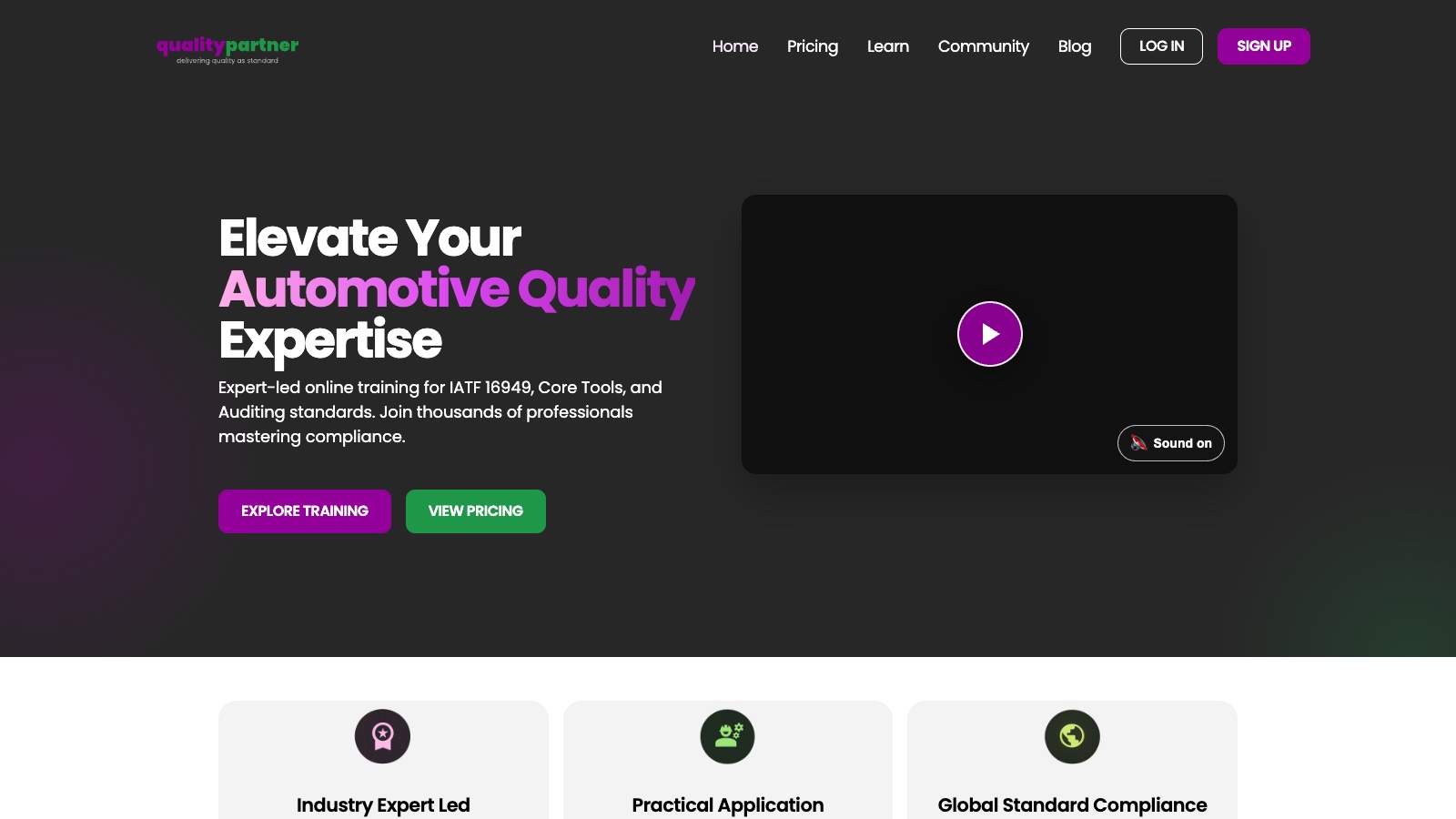 The Quality Partner Training homepage, built by REAS, offering online IATF 16949, Core Tools and auditing courses