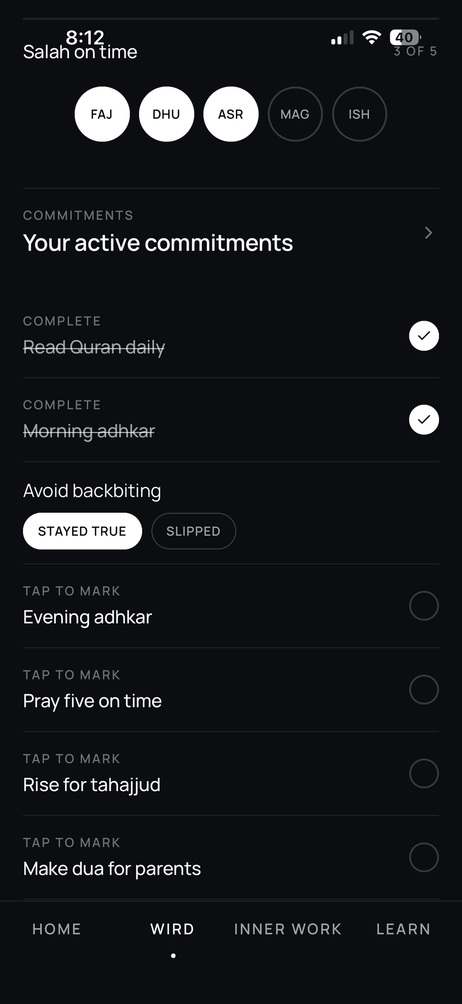 Miraj app — Wird, daily practice journal