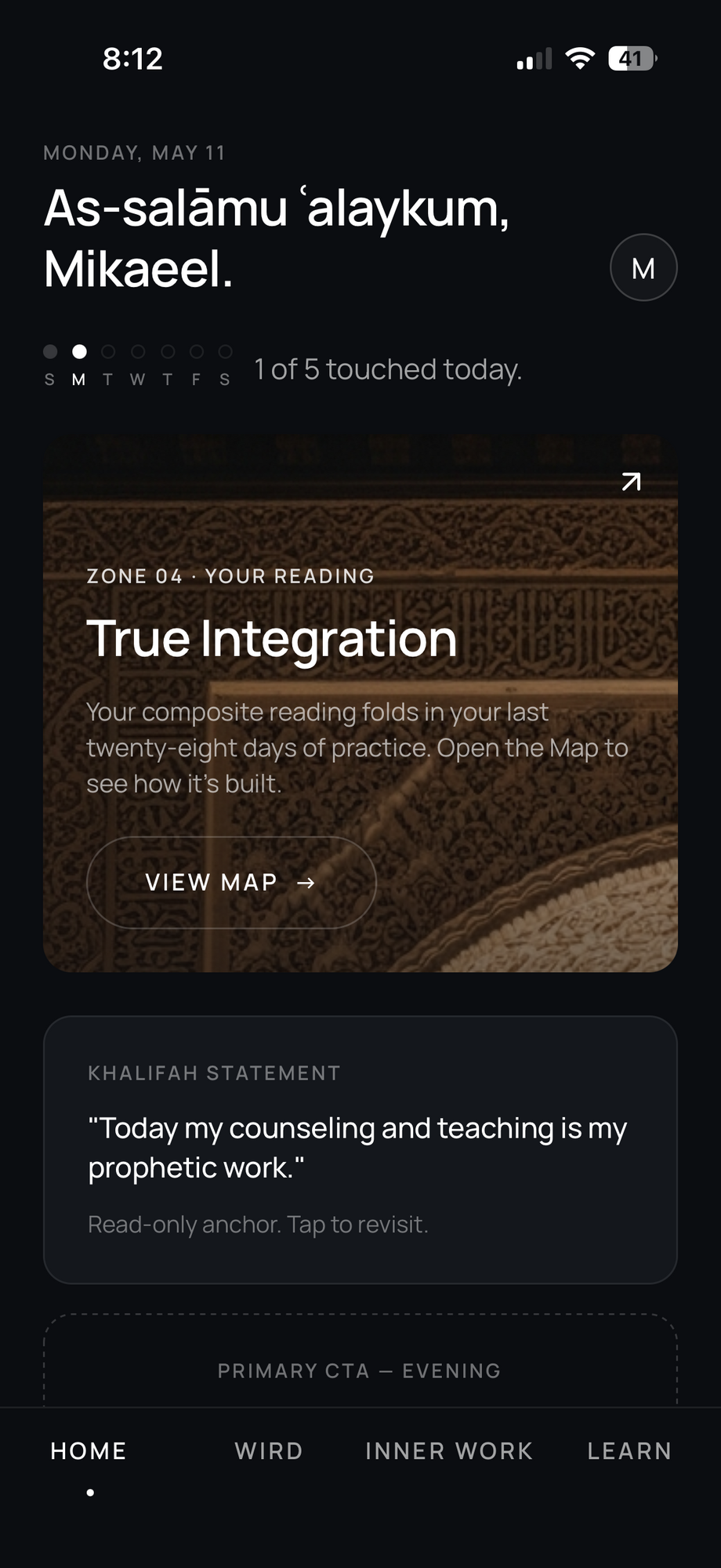Miraj app — Home screen with your zone and Khalifa statement