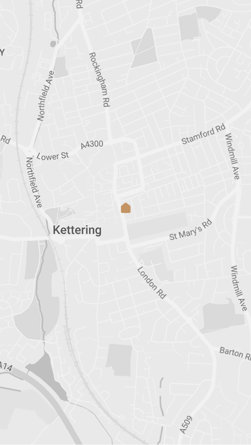 Map of Kettering showing main roads including A4300, Rockingham Rd, London Rd, Stamford Rd, and Northfield Ave, with a location marker near London Rd.