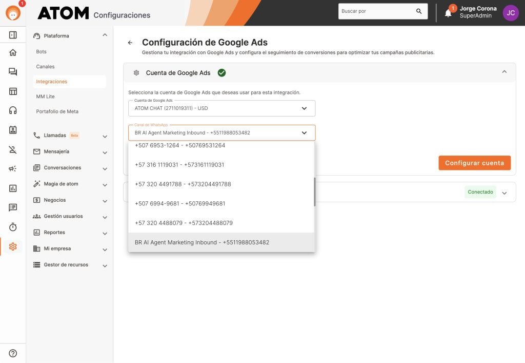 Paso 4 para integrar click to whatsapp a google
