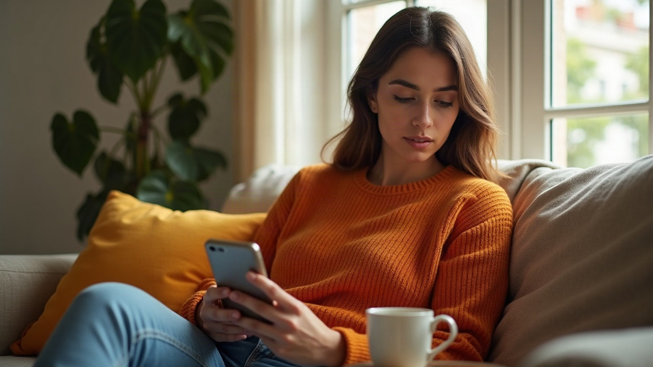 Mujer en su sala revisa en el celular un anuncio antes de escribir por WhatsApp