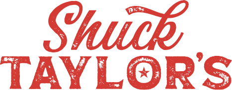 Red stylized text logo reading Shuck Taylor's with a star inside the letter O.