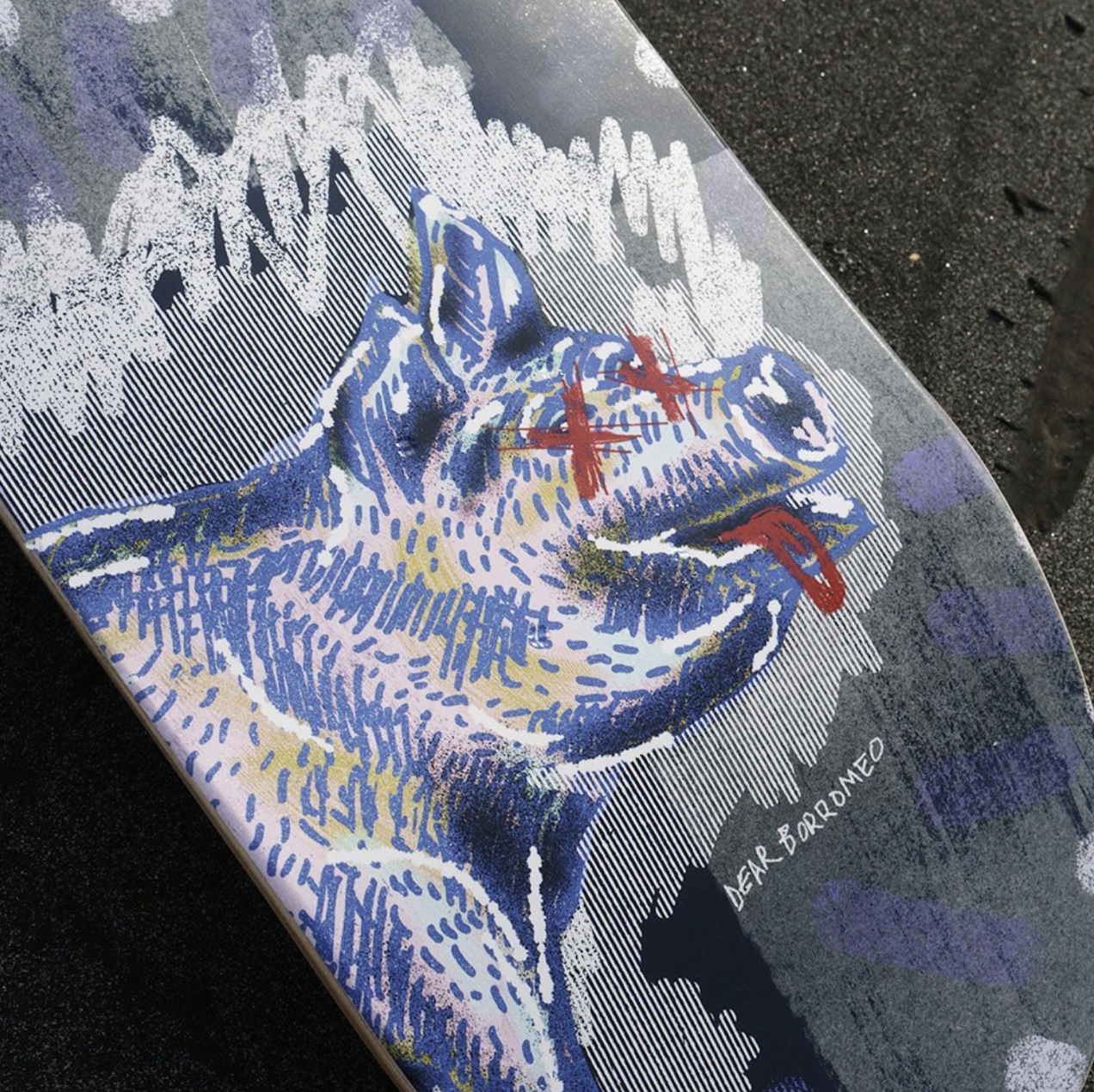 Close up of pig illustration from skateboard from Stimulus Check collection
