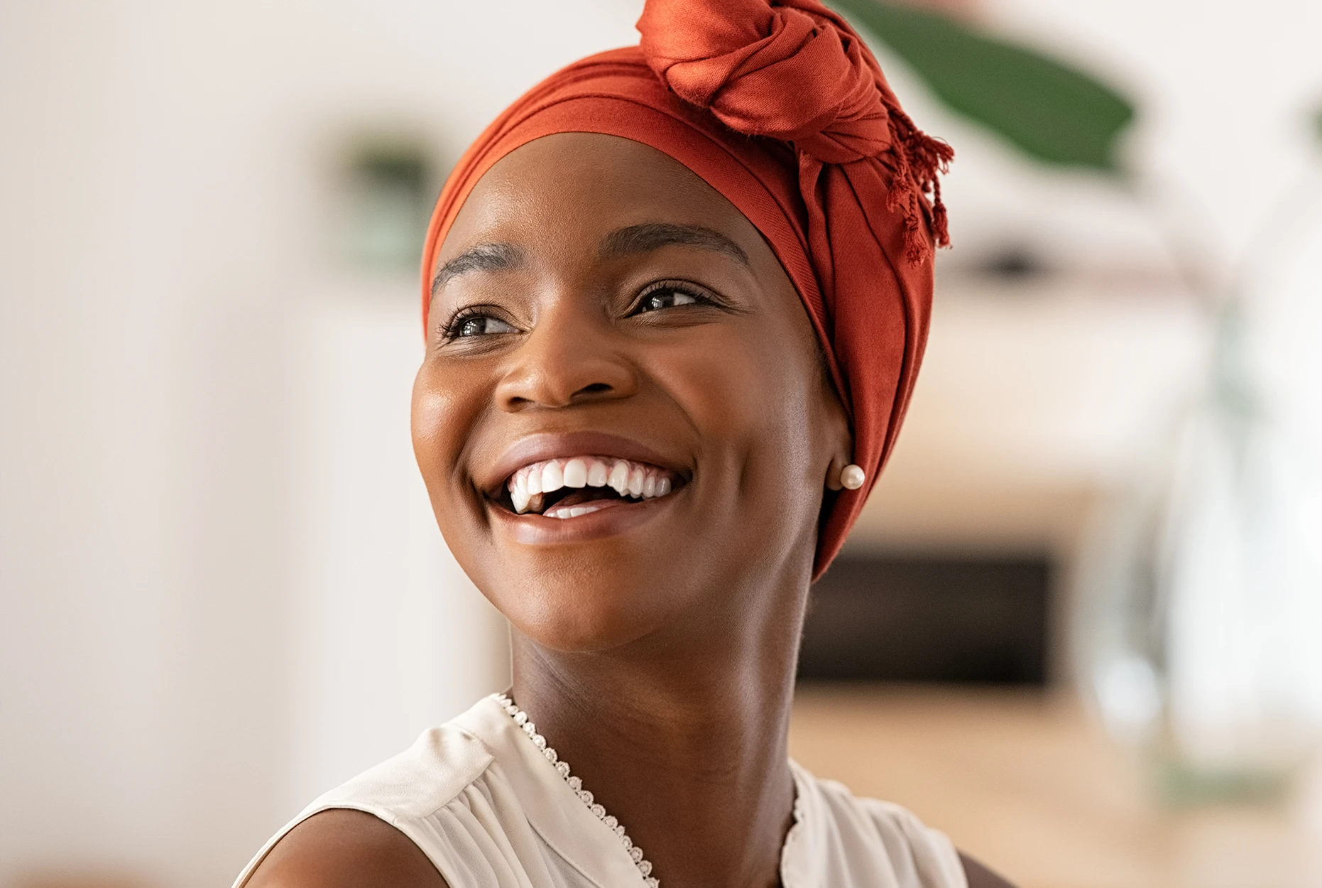 A woman smiling