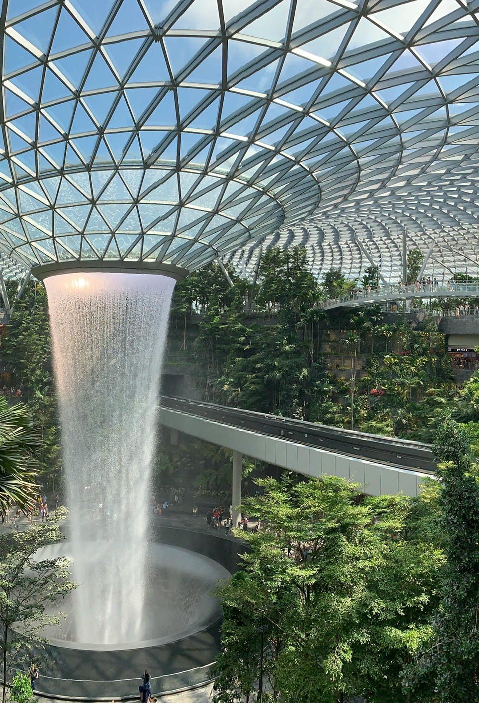 Image of a lush green indoor garden with a skylight and fountain flowing through.