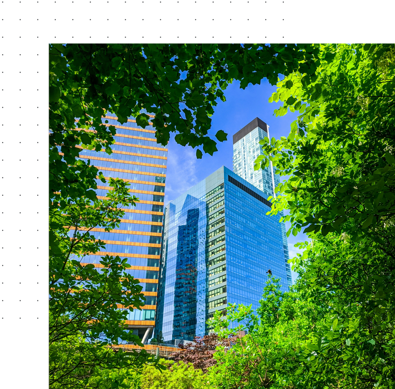 Vignette of buildings framed by trees, like looking from within a city park.