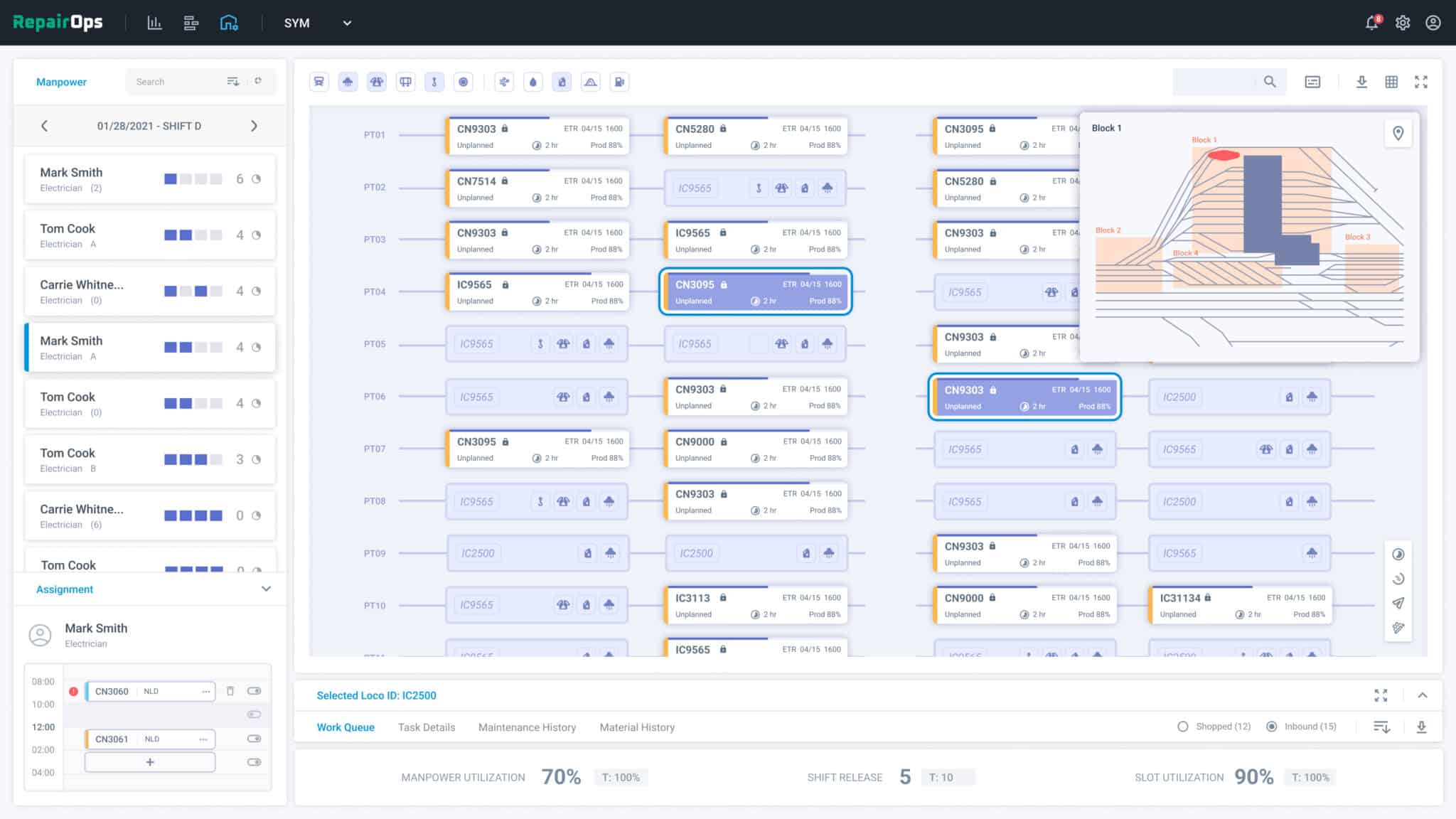 Repair Ops UI showing locomotive status