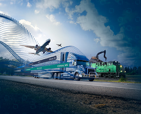 A truck driving down the road, 2 planes flying overhead, 1 train driving on tracks, and 1 digger in the background, all surrounded by UI and a Digital wave