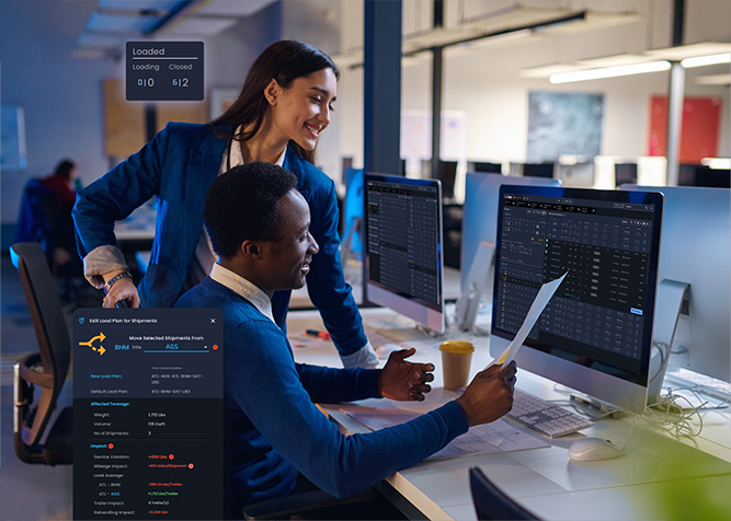 LiveHaul UI showing 2 people collaborating in an office setting