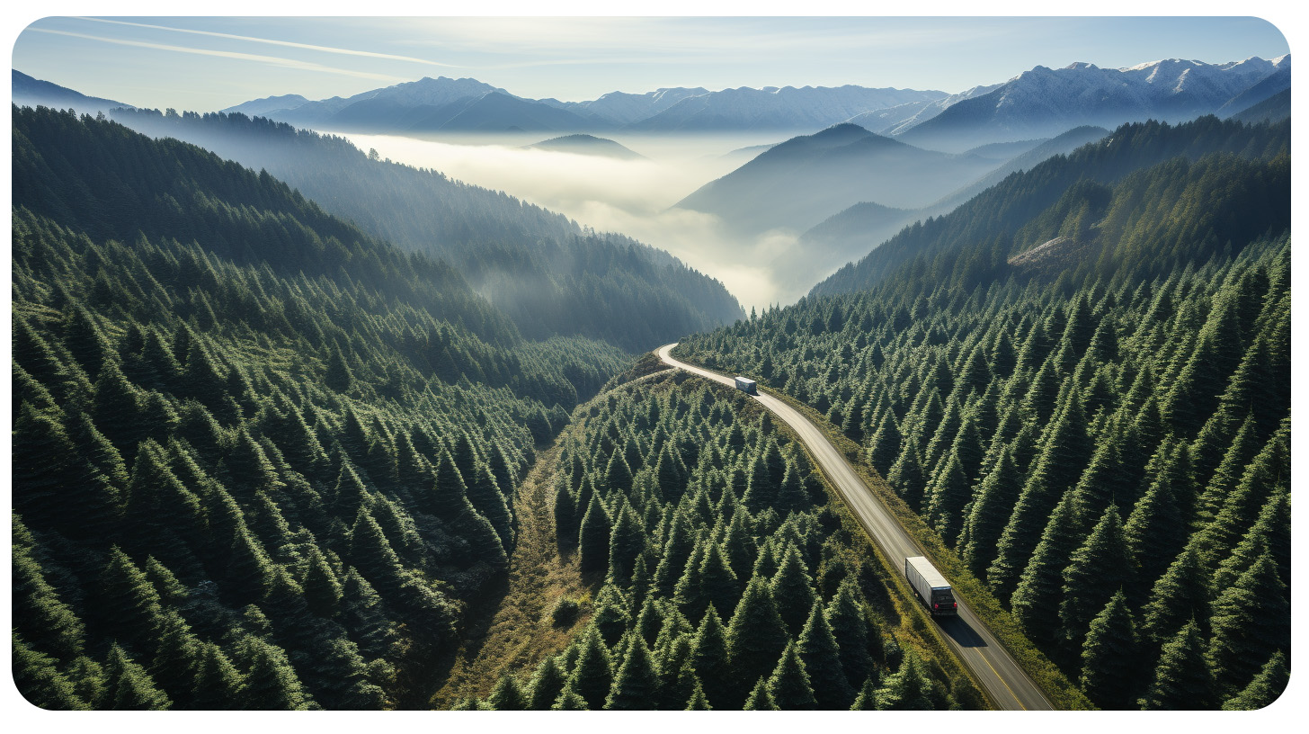 Trucks pass through a mountain pass surrounded by a sea of pine trees.