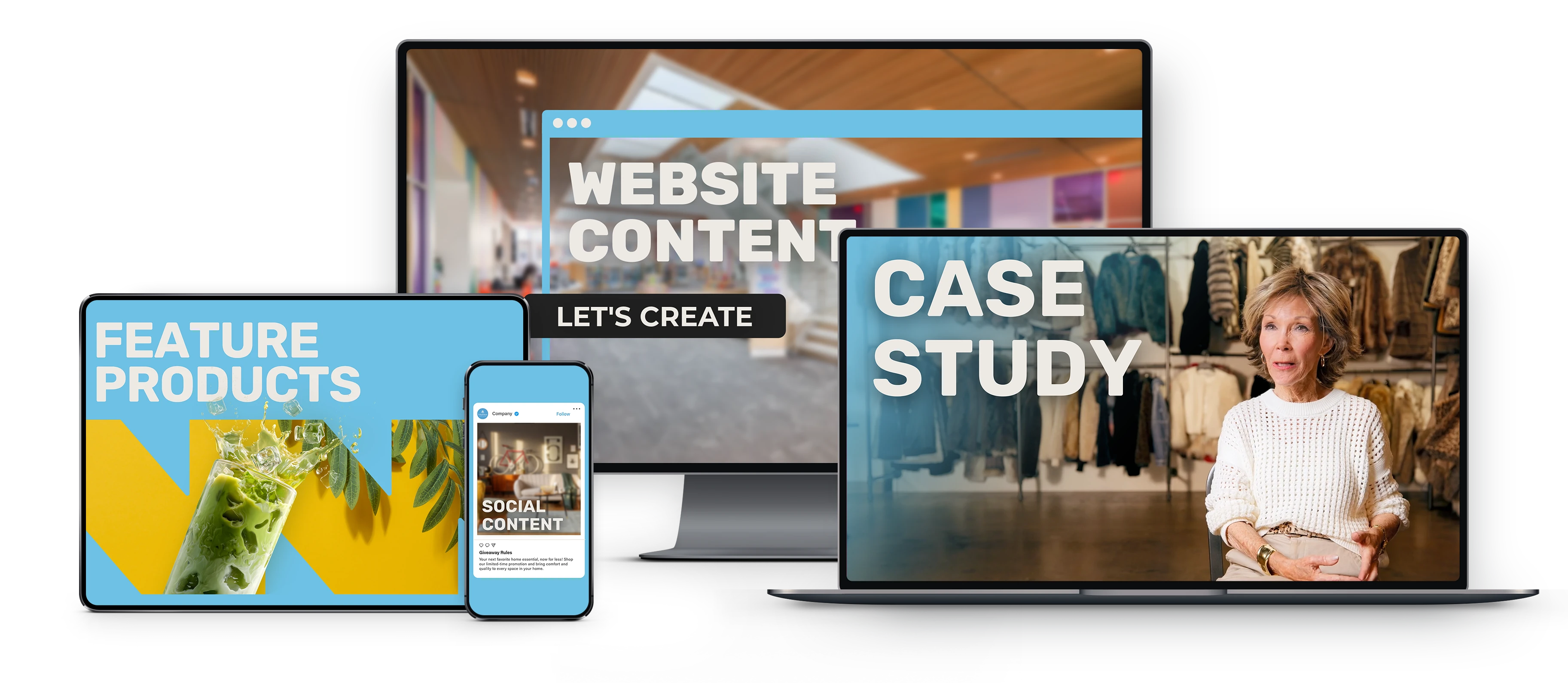 Chesser Media case-study collage showing responsive marketing designs and thumbnails.