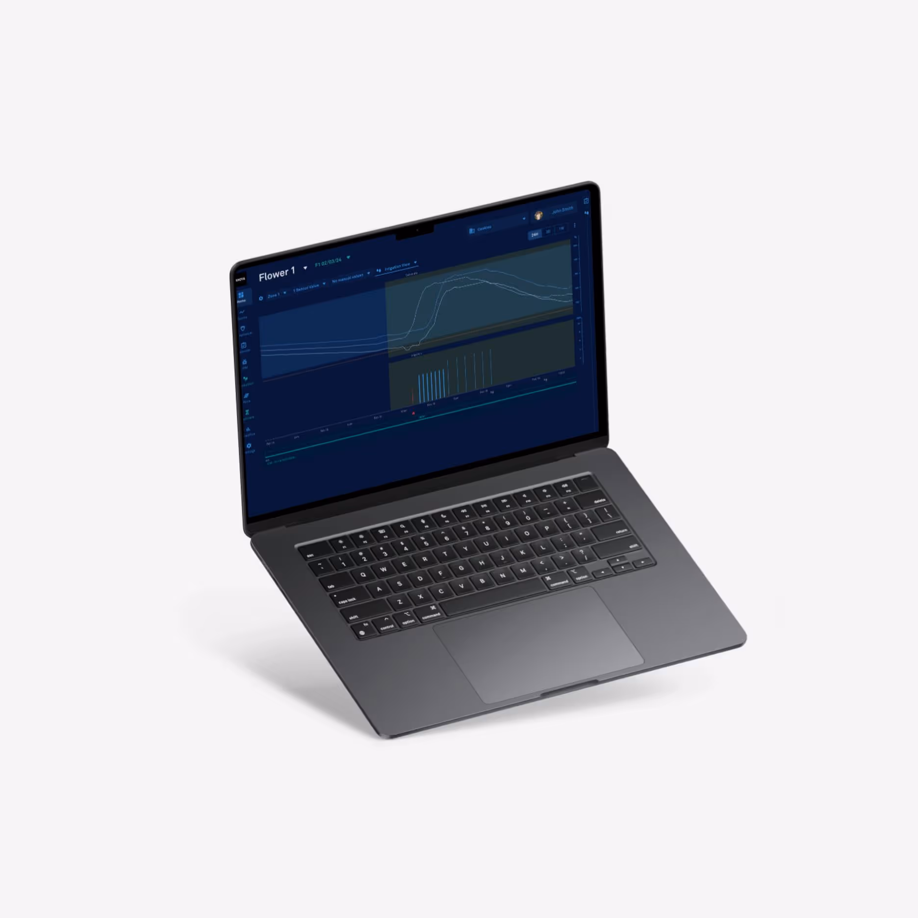 Laptop screen running IRRIGAIT AI in AROYA platform, visualizing plant growth trends and irrigation analysis