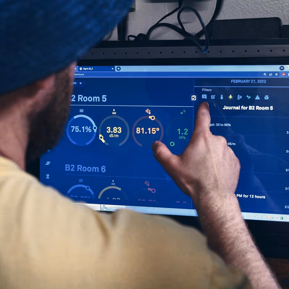 Person pointing at AROYA dashboard on screen showing grow room data with humidity, EC, temperature, and pressure readings