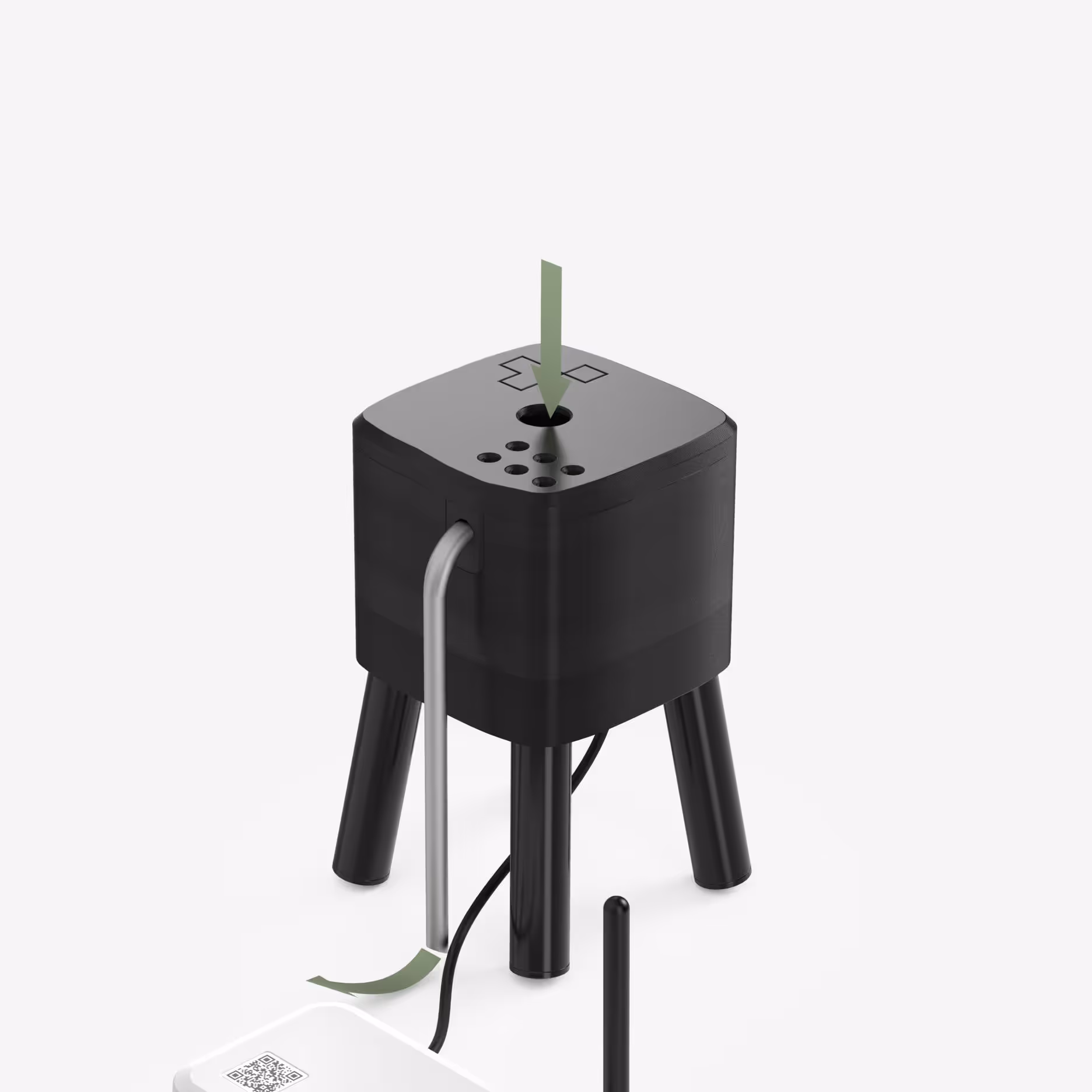 Black AROYA sensor housing on four legs with tubing connections and highlighted probe placement guide