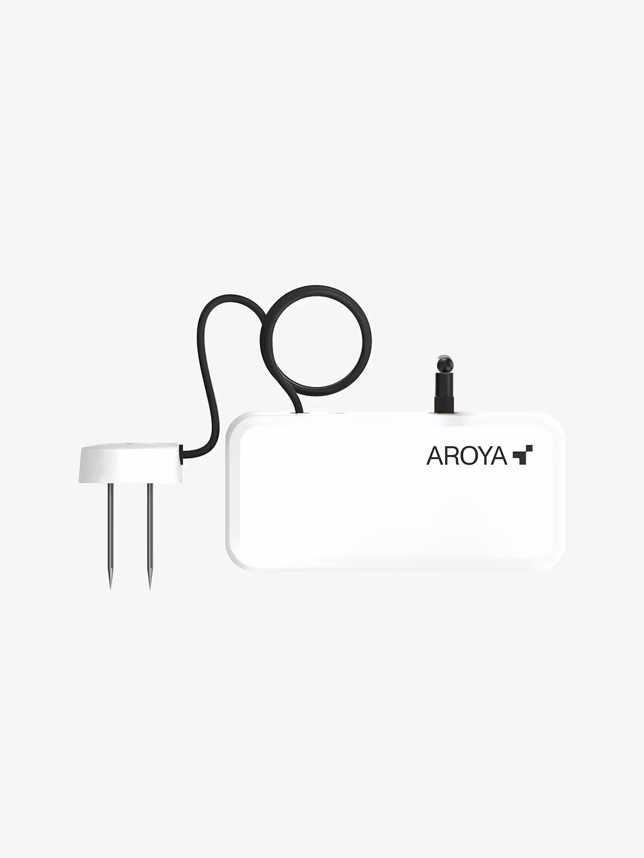 Compact AROYA wireless sensor with substrate sensor and transmitter, designed for secure indoor grow data collection