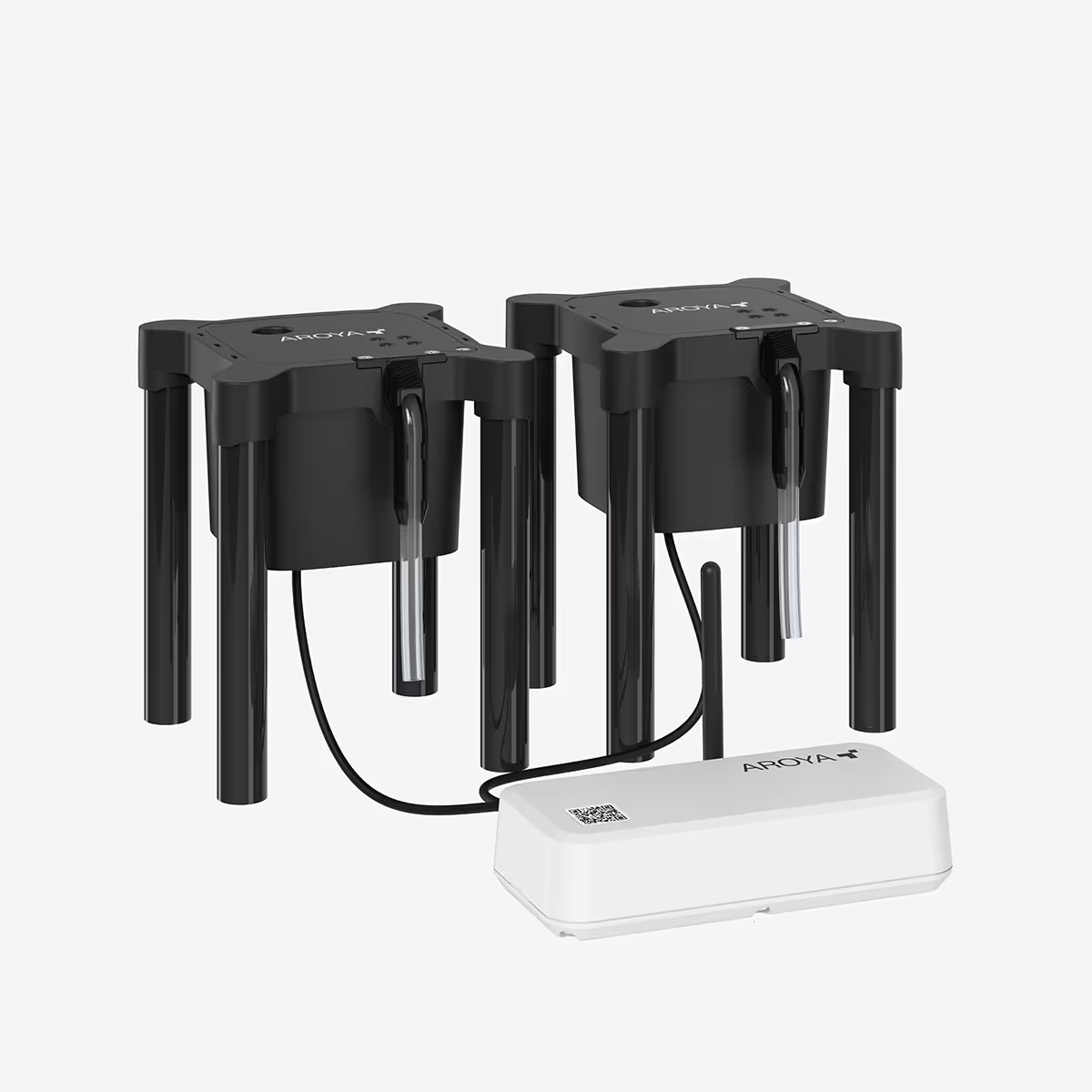 Smart AROYA drip and drain station featuring dual collection modules and wired white sensor hub for automated grow system monitoring