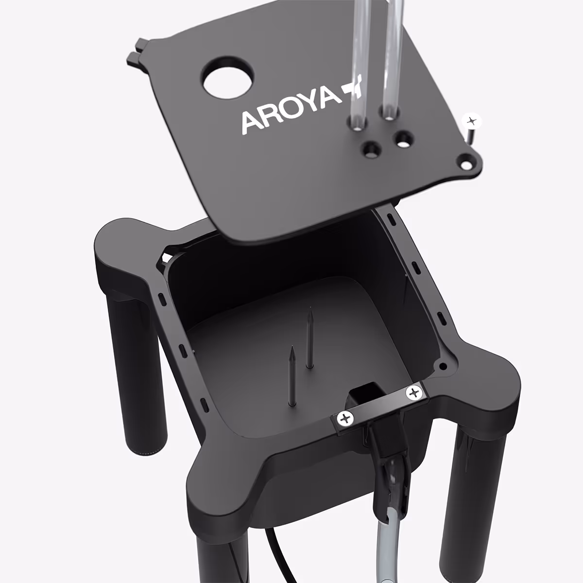 Close-up of AROYA drip and drain unit with exposed chamber and TEROS sensor inside for reservoir moisture and depth monitoring