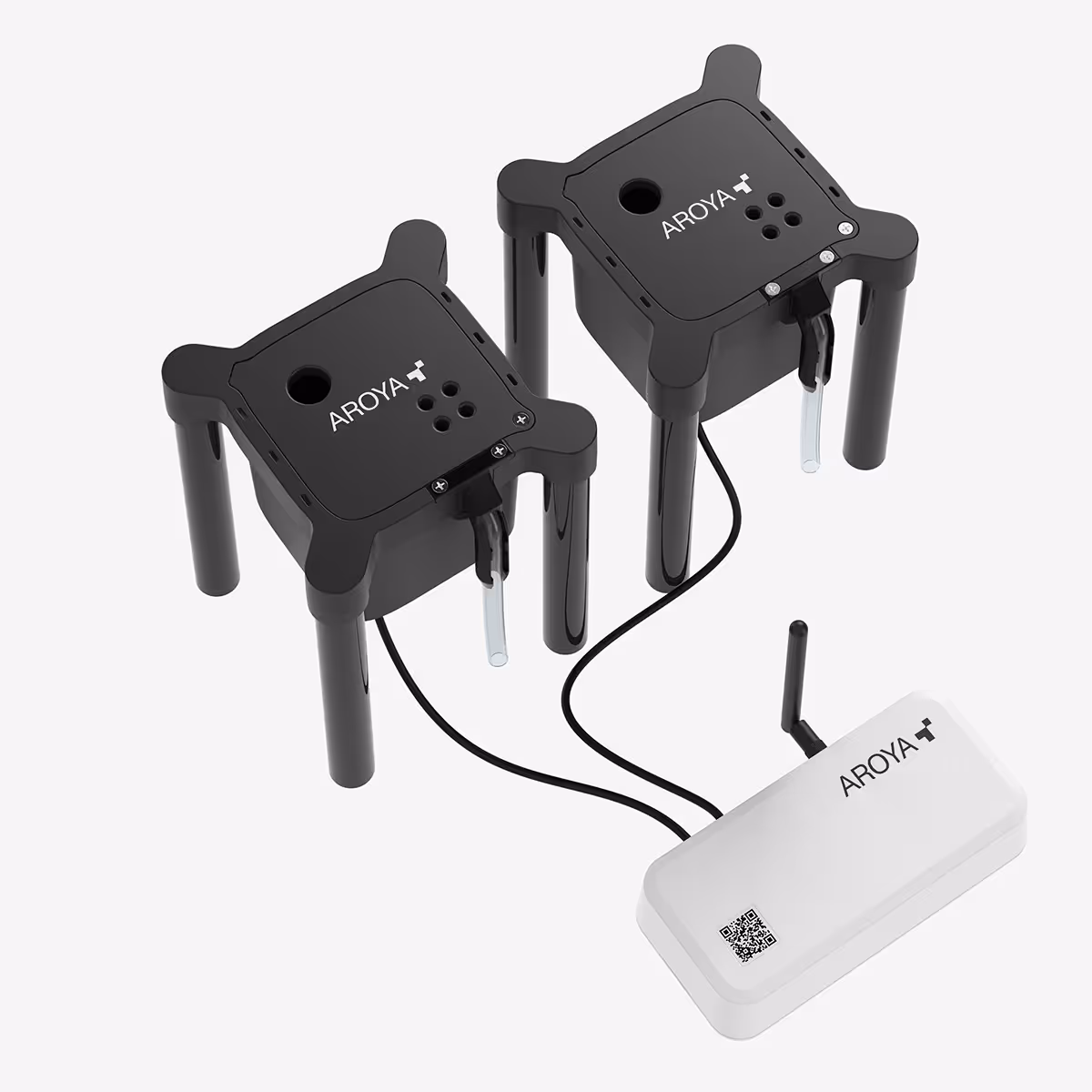 Pair of AROYA drip and drain reservoirs linked by cables to smart sensor hub for precision cultivation tracking