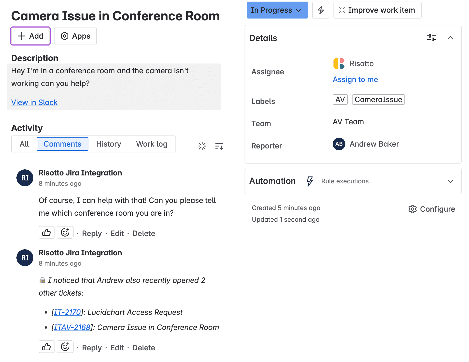Jira Support Ticket: Camera Issue in Conference Room