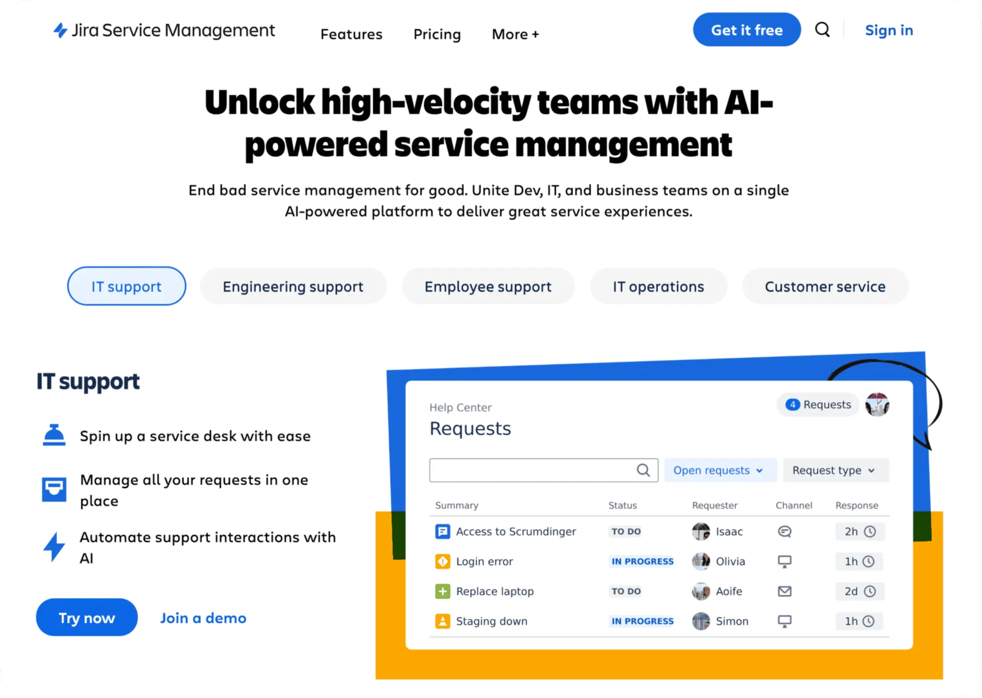 Jira Service Management homepage: Unlock high-velocity teams with AI-powered service management