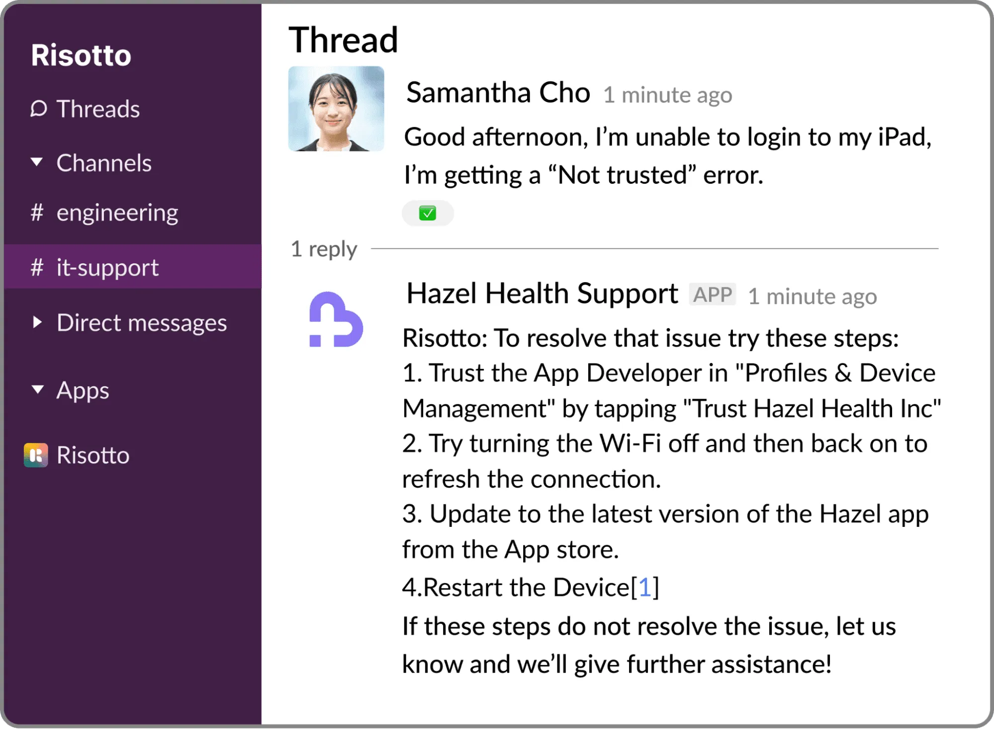 Hazel Health Support and Samantha Cho: Login Error
