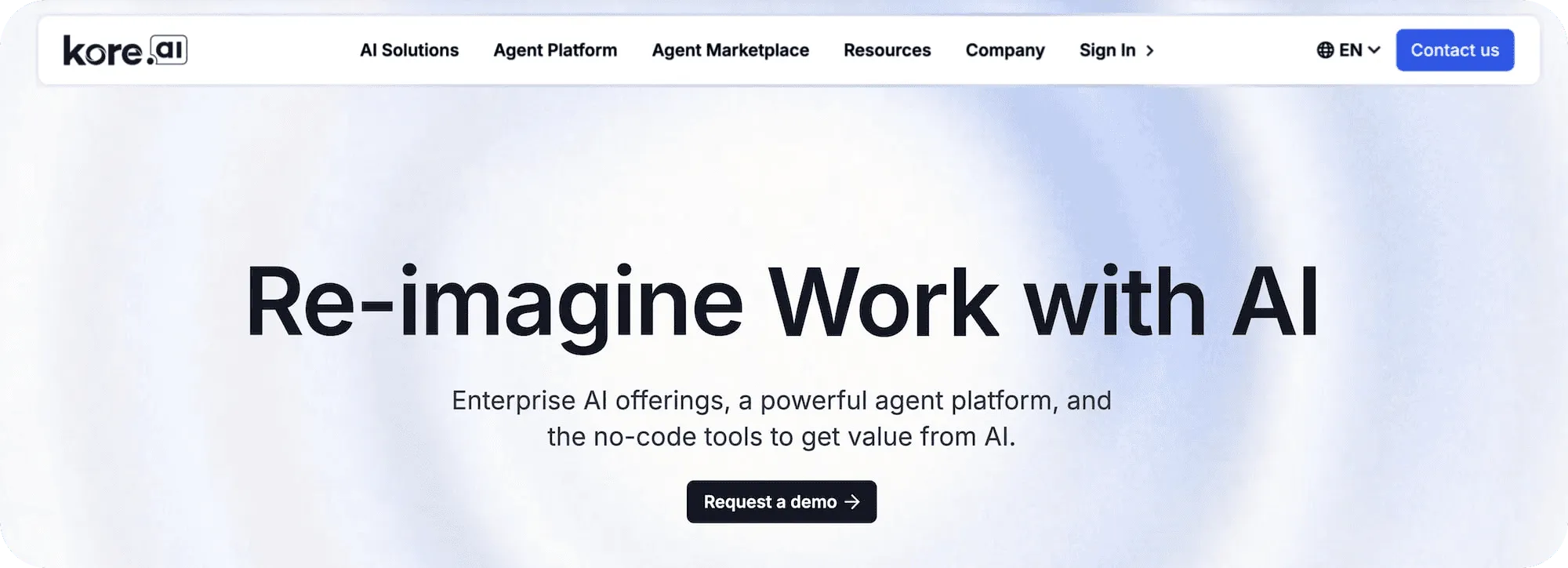 Kore.ai homepage: Re-imagine Work with AI