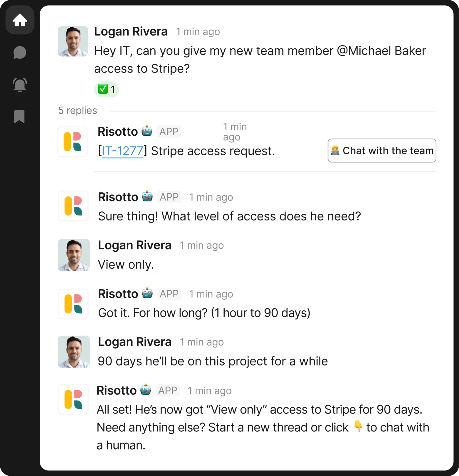 Risotto App: Logan Rivera requesting team member access to Stripe