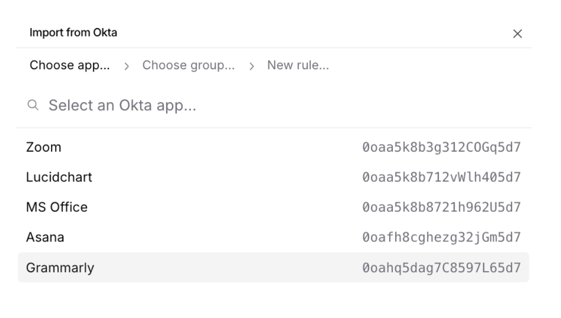 Import from Okta: Select app