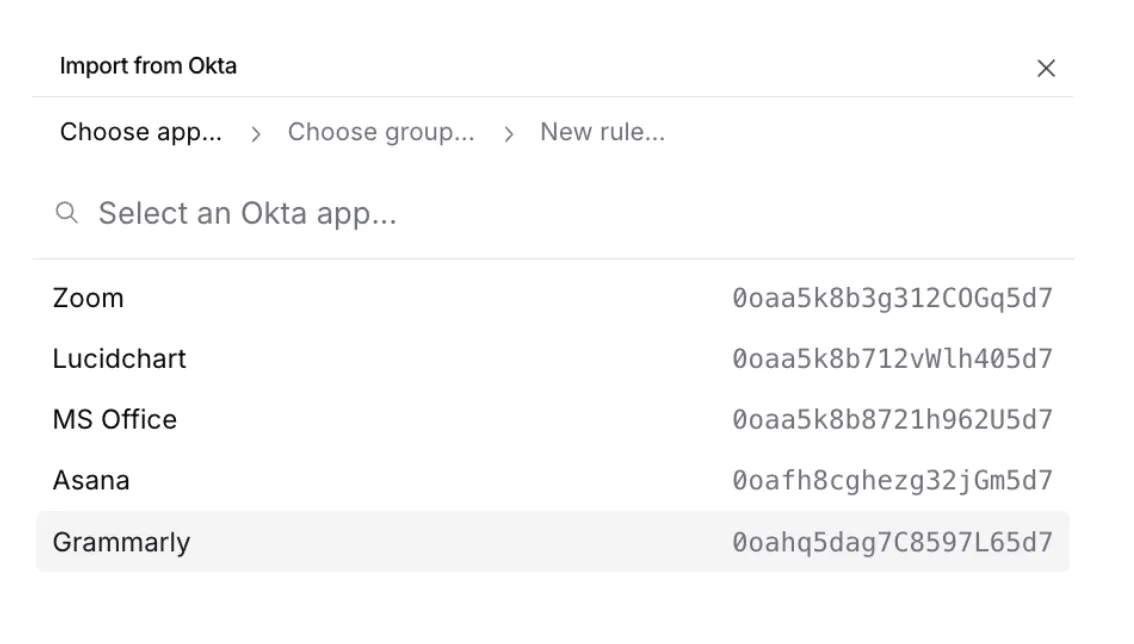 Import from OKta and select app
