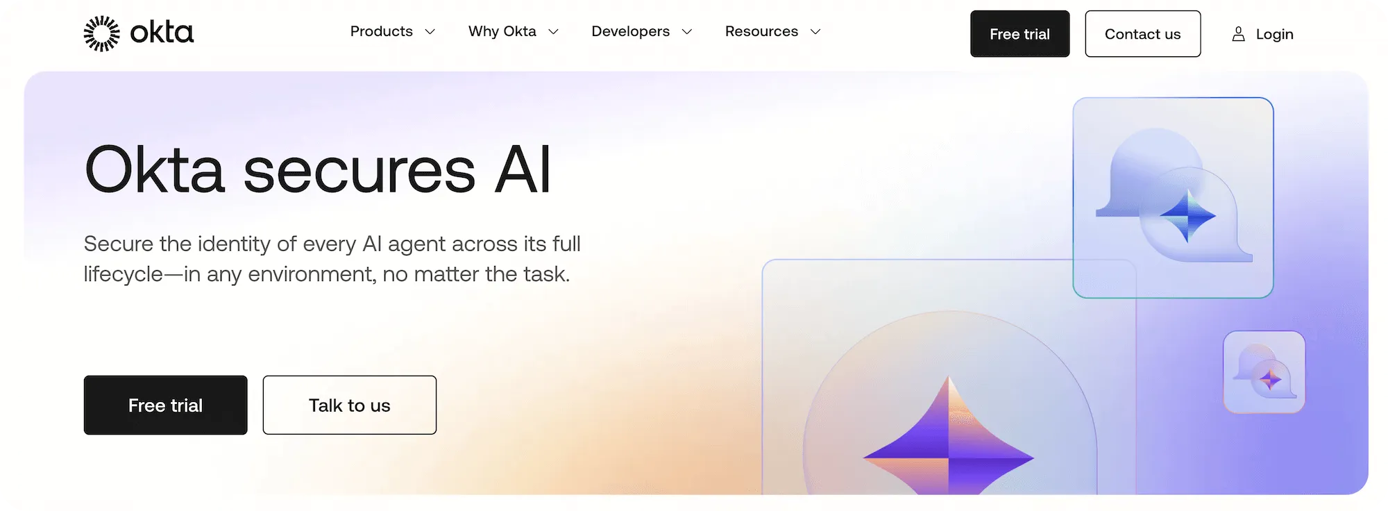 Okta homepage: Okta secures AI