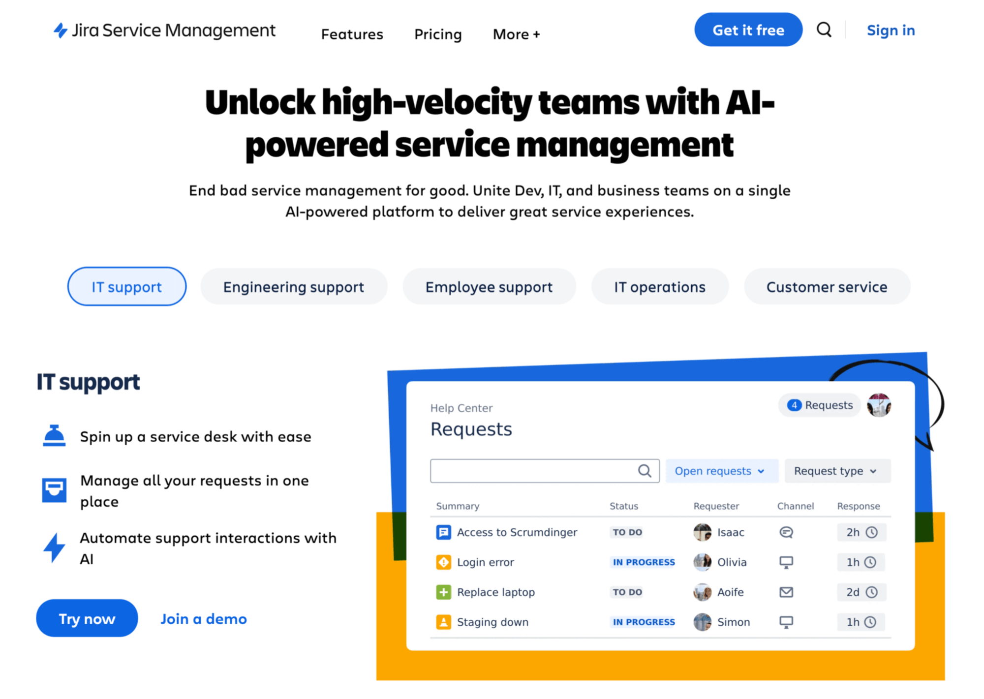 Jira Service Management homepage: Unlock high-velocity teams with AI-powered service management