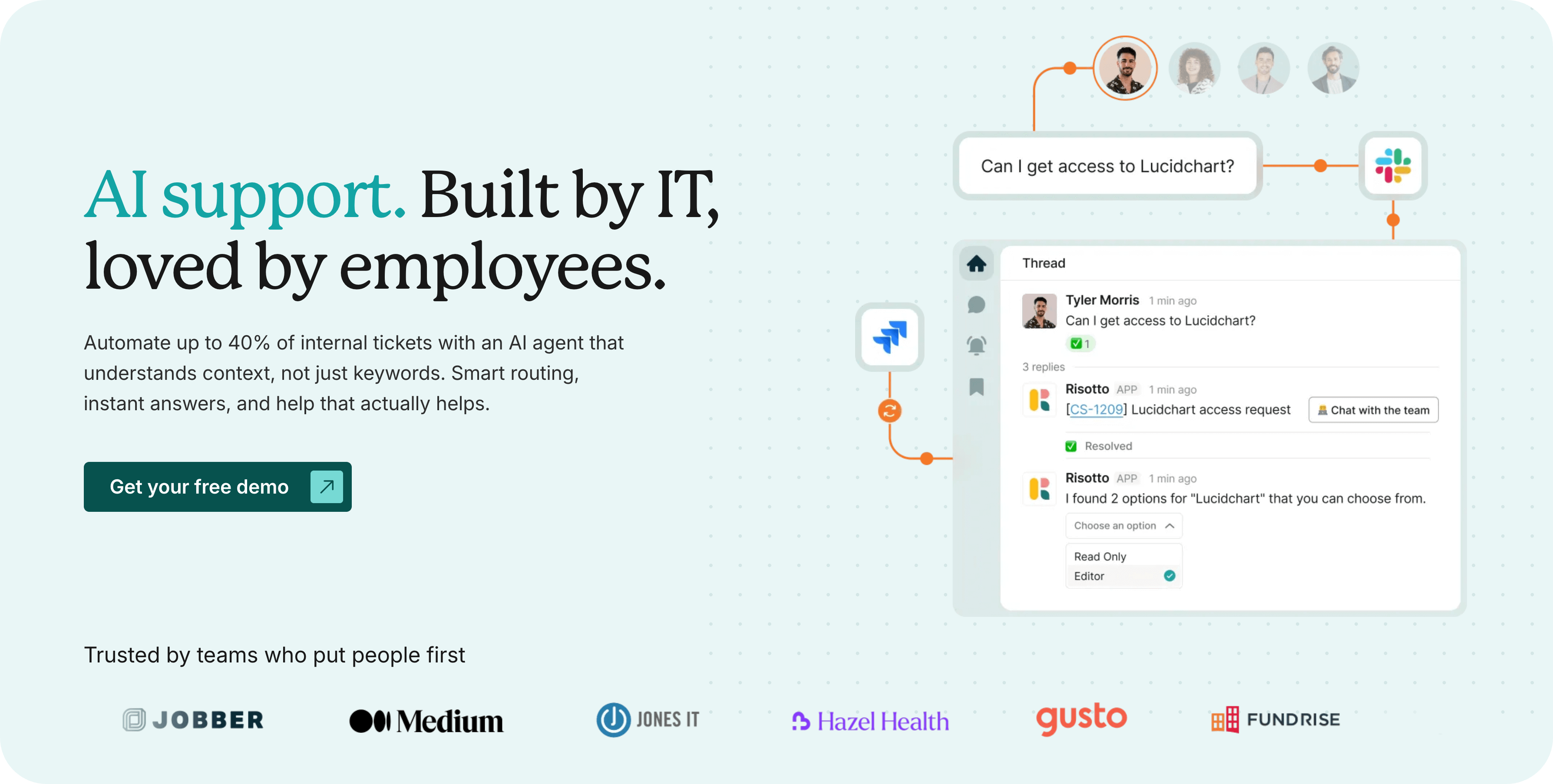 Risotto homepage: AI support. Built by IT, loved by employees.