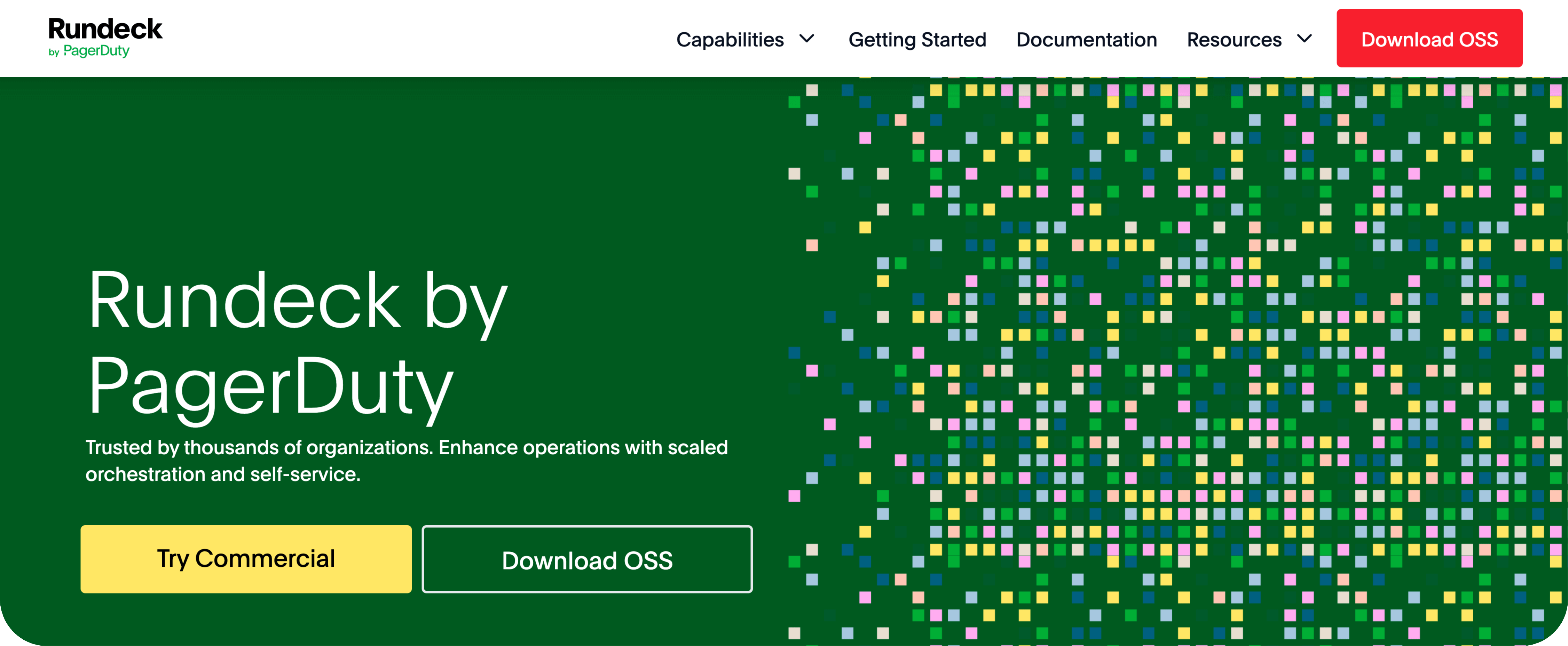 Rundeck homepage: Enhance operations with scaled orchestration and self-service.