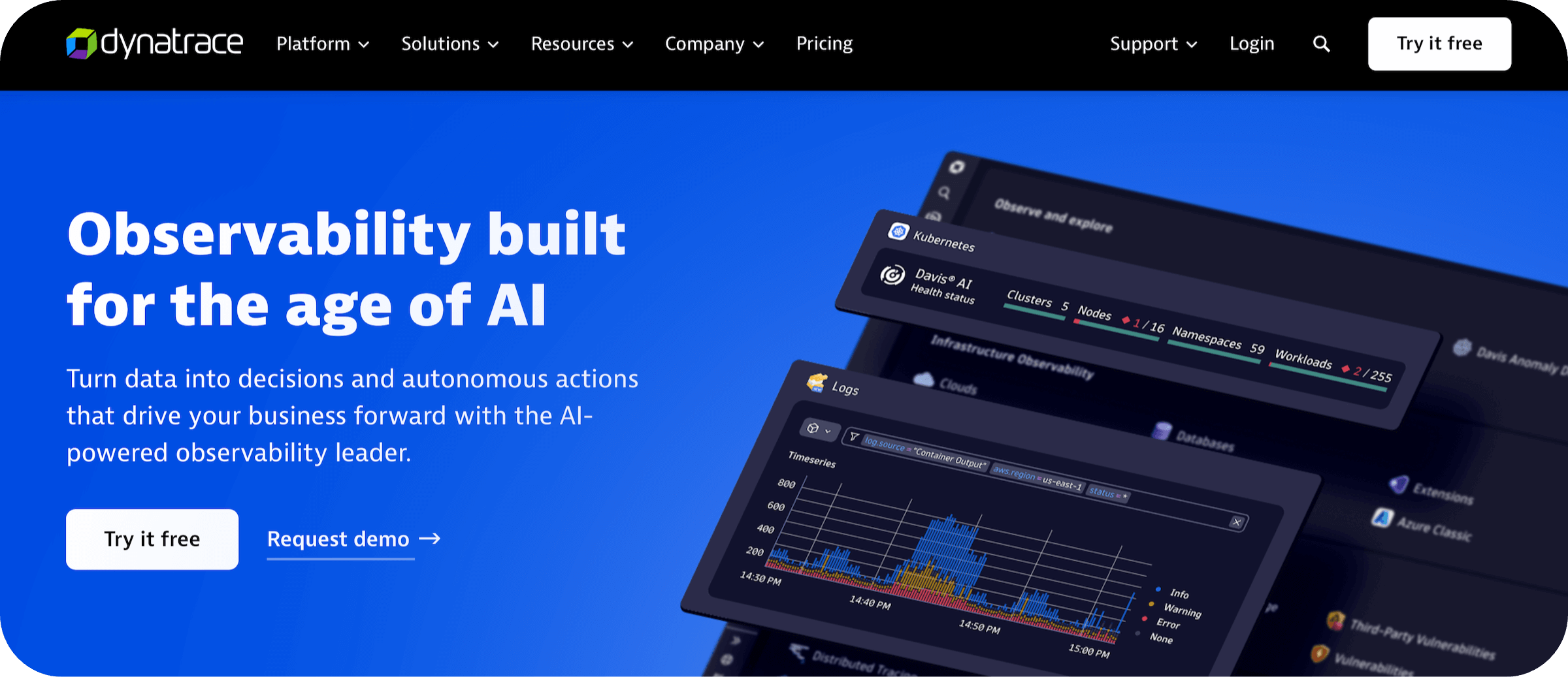 Dynatrace homepage: Observability built for the age of AI