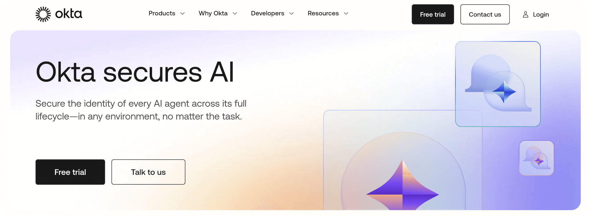 Okta homepage: Okta secures AI