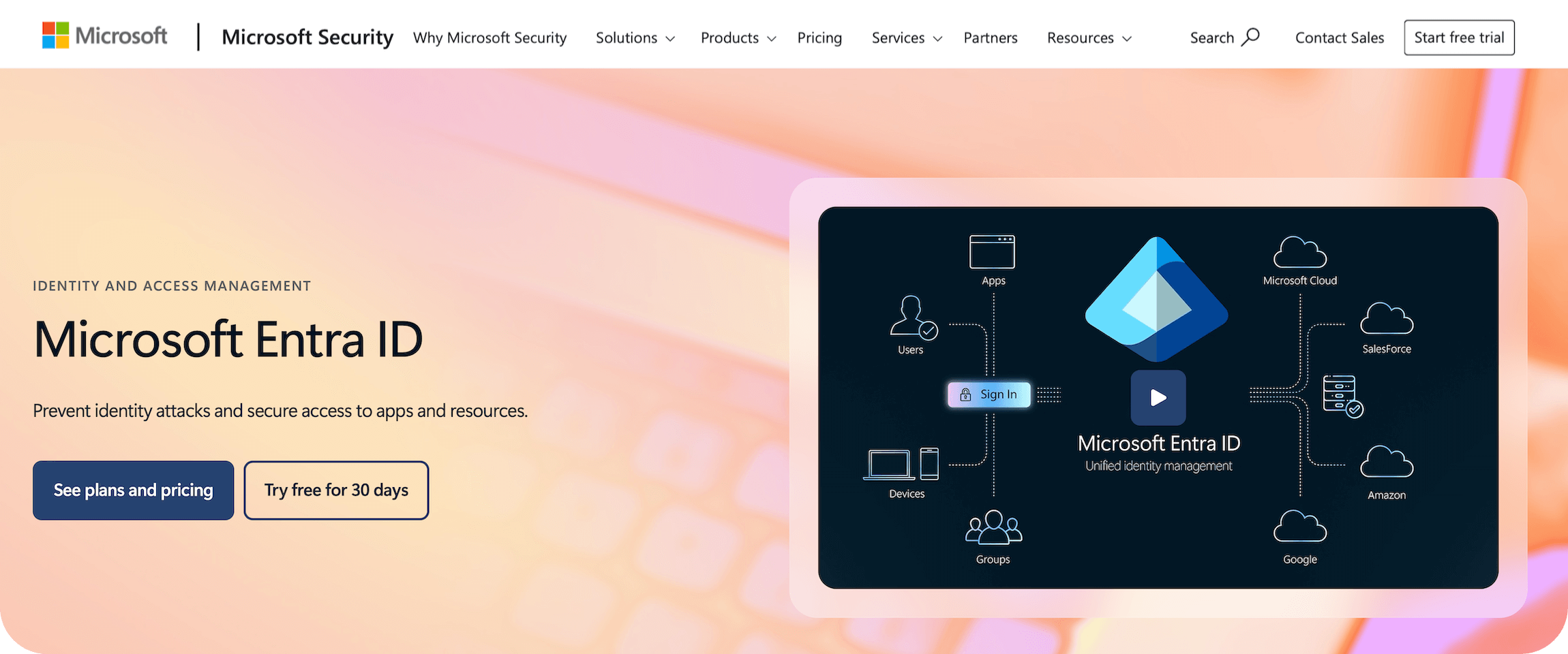 Microsoft Entra ID homepage: Prevent identity attacks and secure access to apps and resources.