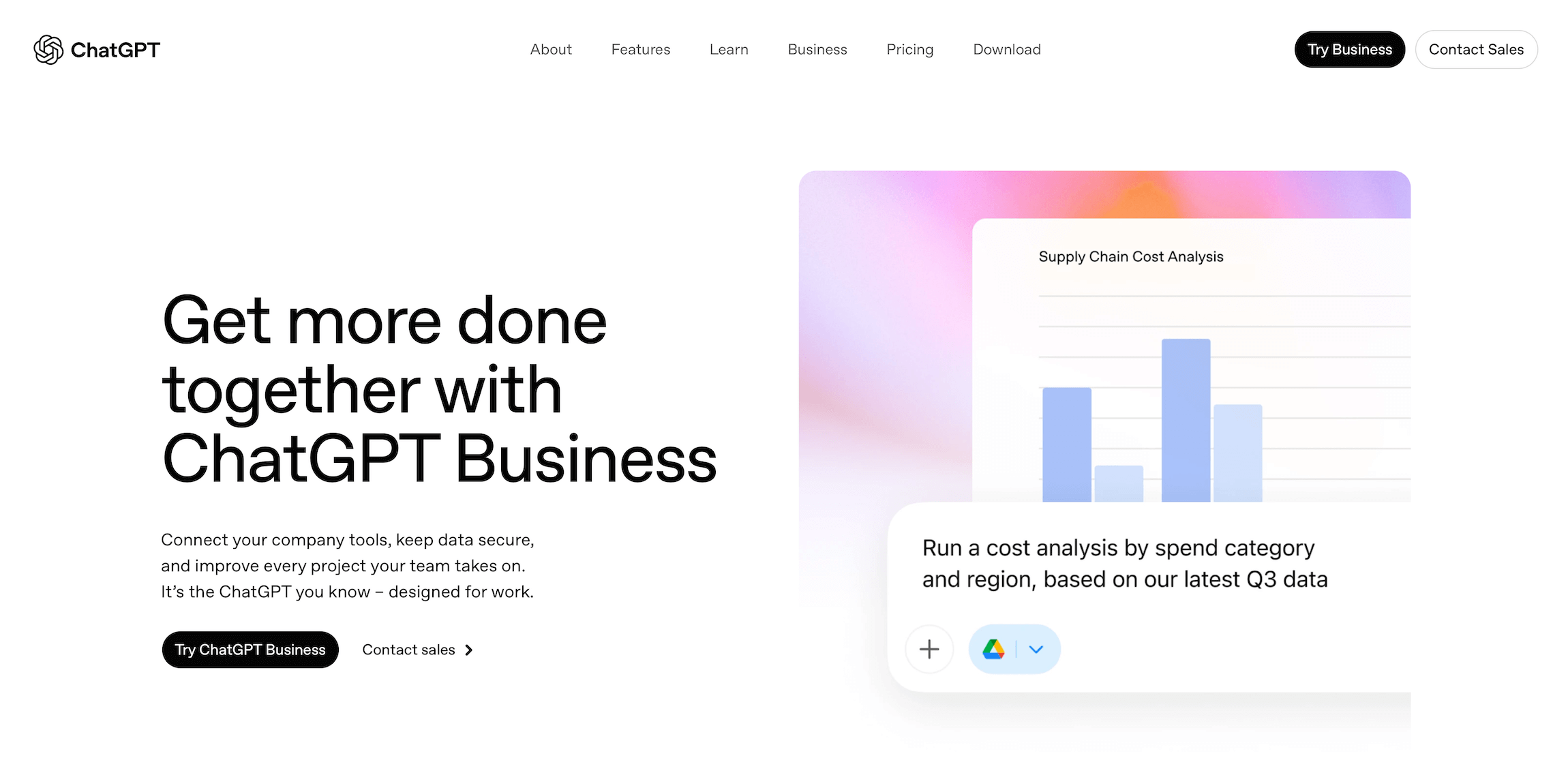 ChatGPT homepage: Get more done together with ChatGPT Business