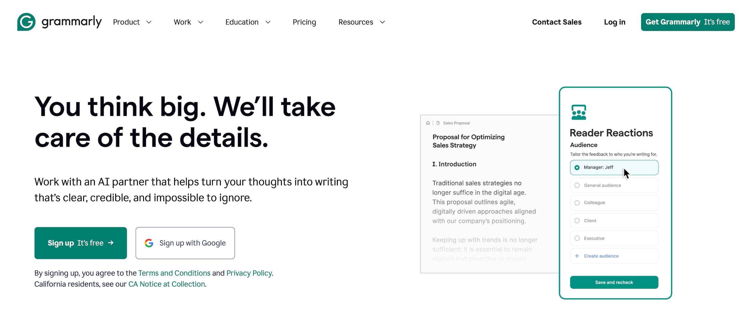 Grammarly homepage: You think big. We'll take care of the details.