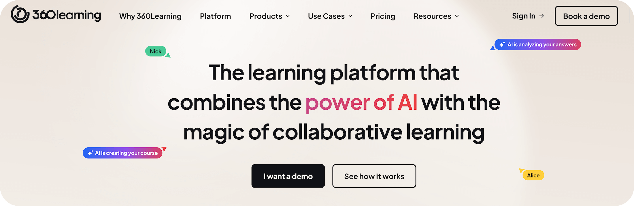 360learning homepage: Learning platform that combines the power of AI with the magic of collaborative learning