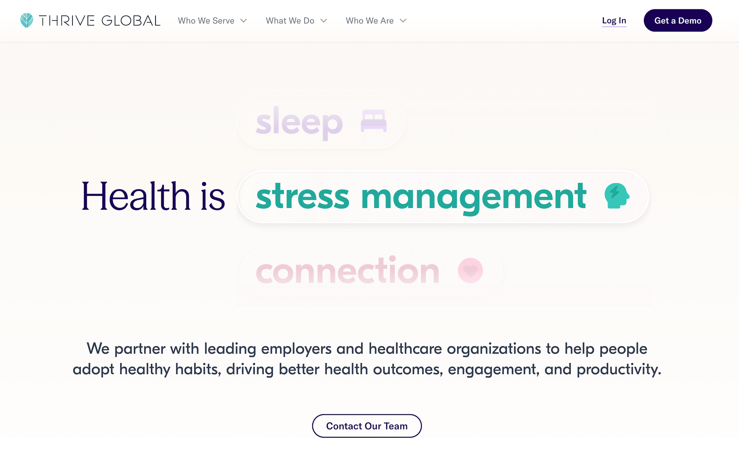 Thrive Global homepage: Health is sleep, connection, stress management