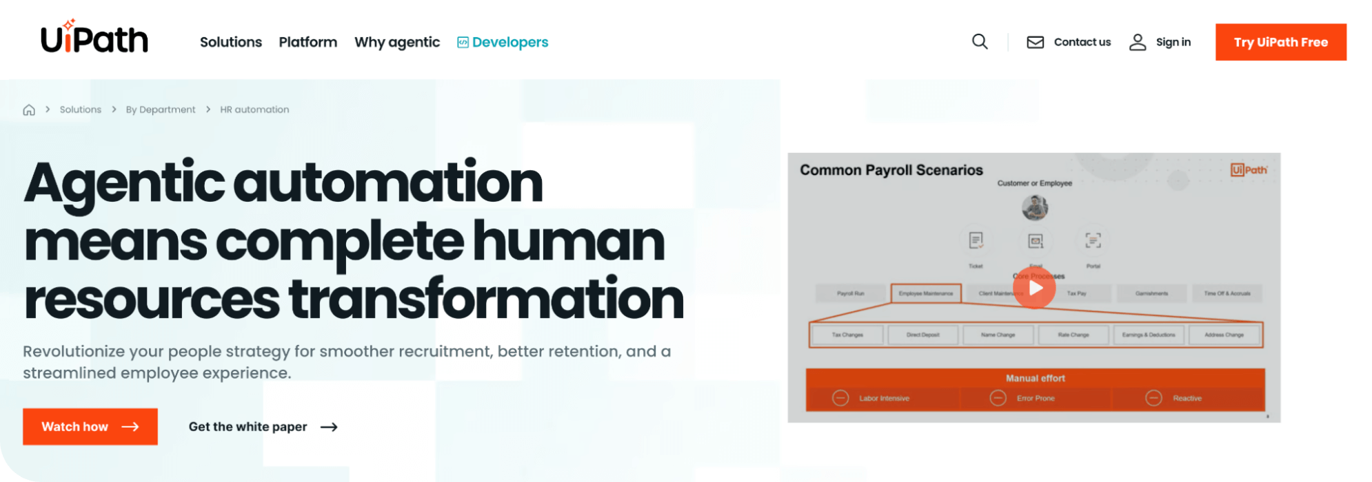 UiPath homepage: Agentic automation means complete human resources transformation