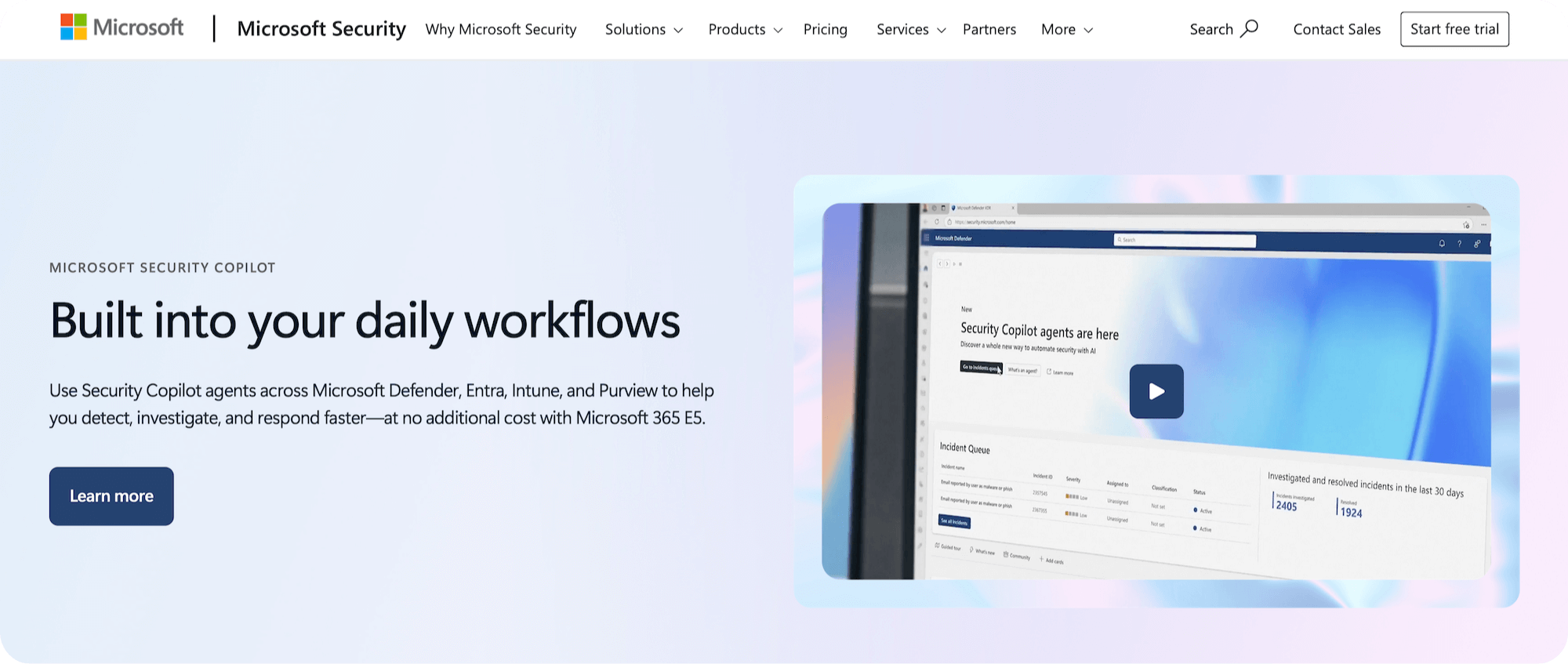 Microsoft Security Copilot homepage: Built into your daily workflows