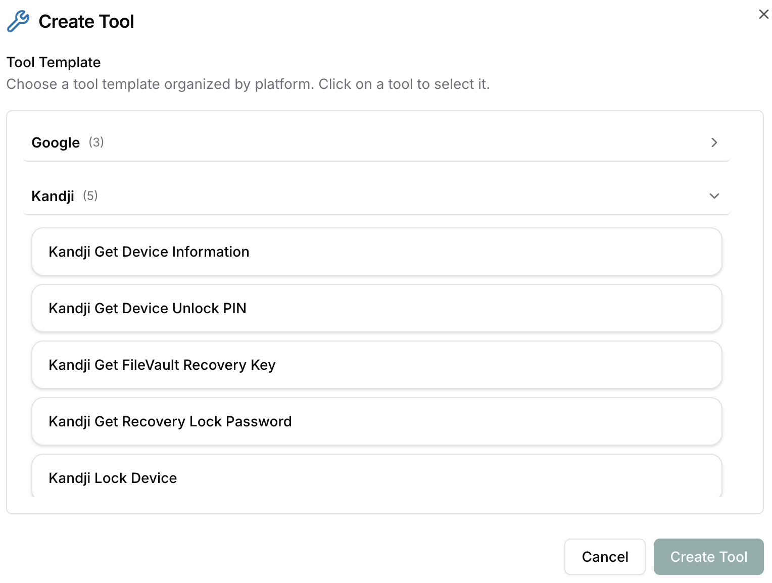 Create Tool: Choose a tool template organized by platform